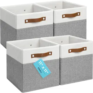 11" x 11" x 11" Fabric Cube Storage Bins Set of 4, Foldable Collapsible Canvas Storage Bins, 11 Inch Cubbies Organizer for Kallax, Linen Cube Shelf Baskets - Grey/White