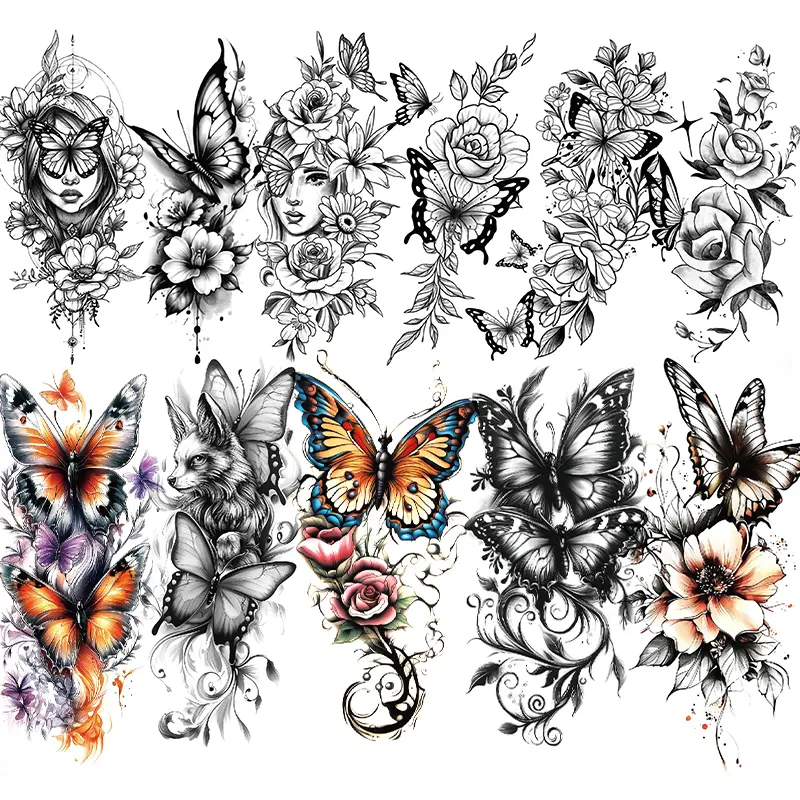 11 Sheets Waterproof Temporary Tattoo Stickers, 3D Multicolor Rose and Butterfly Designs for Arms, Chest, Abdomen, Back, Legs - Large Size, Party Gift
