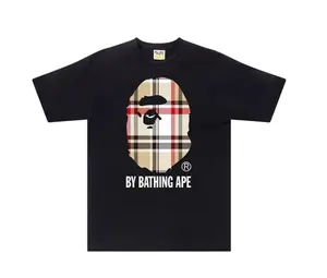 BAPE A Bathing Ape Check by Bathing Tee - Black T-Shirt with Iconic Ape Head Design and Plaid Pattern for BAPE Enthusiasts