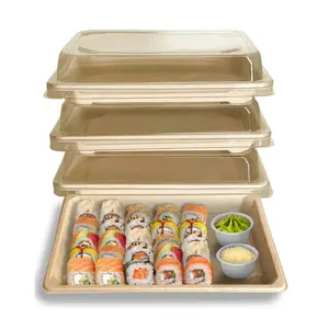 EcoQuality Large Compostable Sushi Trays with Lids - Natural Sugarcane Bagasse Take Out Sushi Container - Biodegradable, Disposable Sushi Plate with Lid, Eco Friendly, To go, Serving Tray (250)