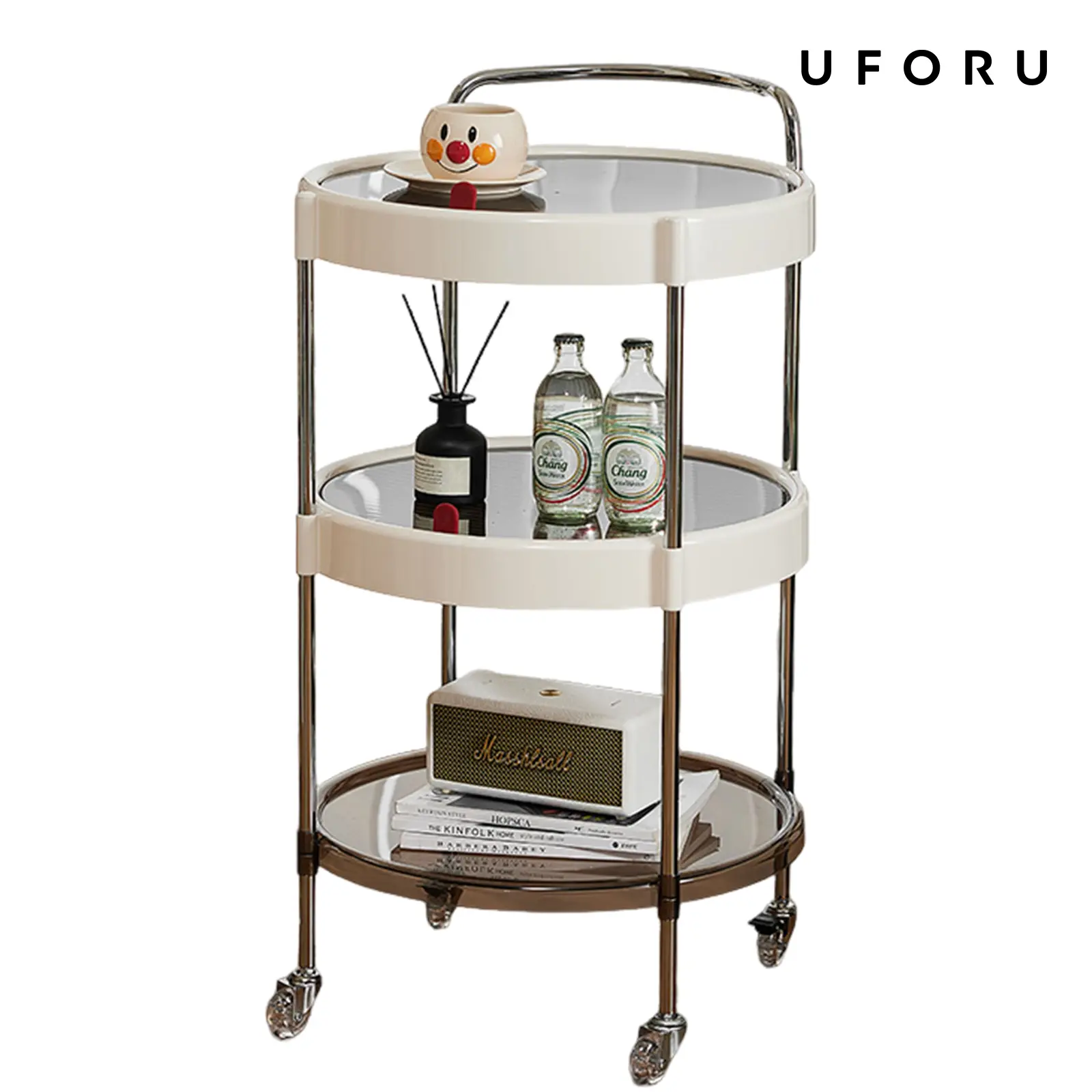 UFORU Minimalist 2-Layer/3-Tier Round Rolling Side Table Cart, Compact Modern Home Decor Mobile Organiser with Wheels, Multifunctional Storage Rack for Living Room, Plant Stand Use & Kitchen, Black/White Available