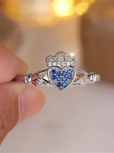 1pc Blue CZ Claddagh Ring, Silvery Plated Heart Crown Promise Ring, Irish Style Jewelry for Women