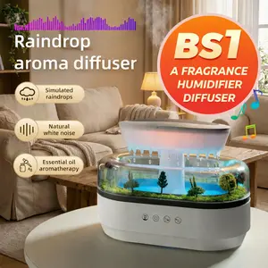Same-day shipping！Novel Raindrop Landscape Humidifier Diffuser, Cool Mist Evaporative Humidifier with White Noise, 8-Color LED Night Light, Silent Spray Aroma Diffuser for Home Bedroom Office