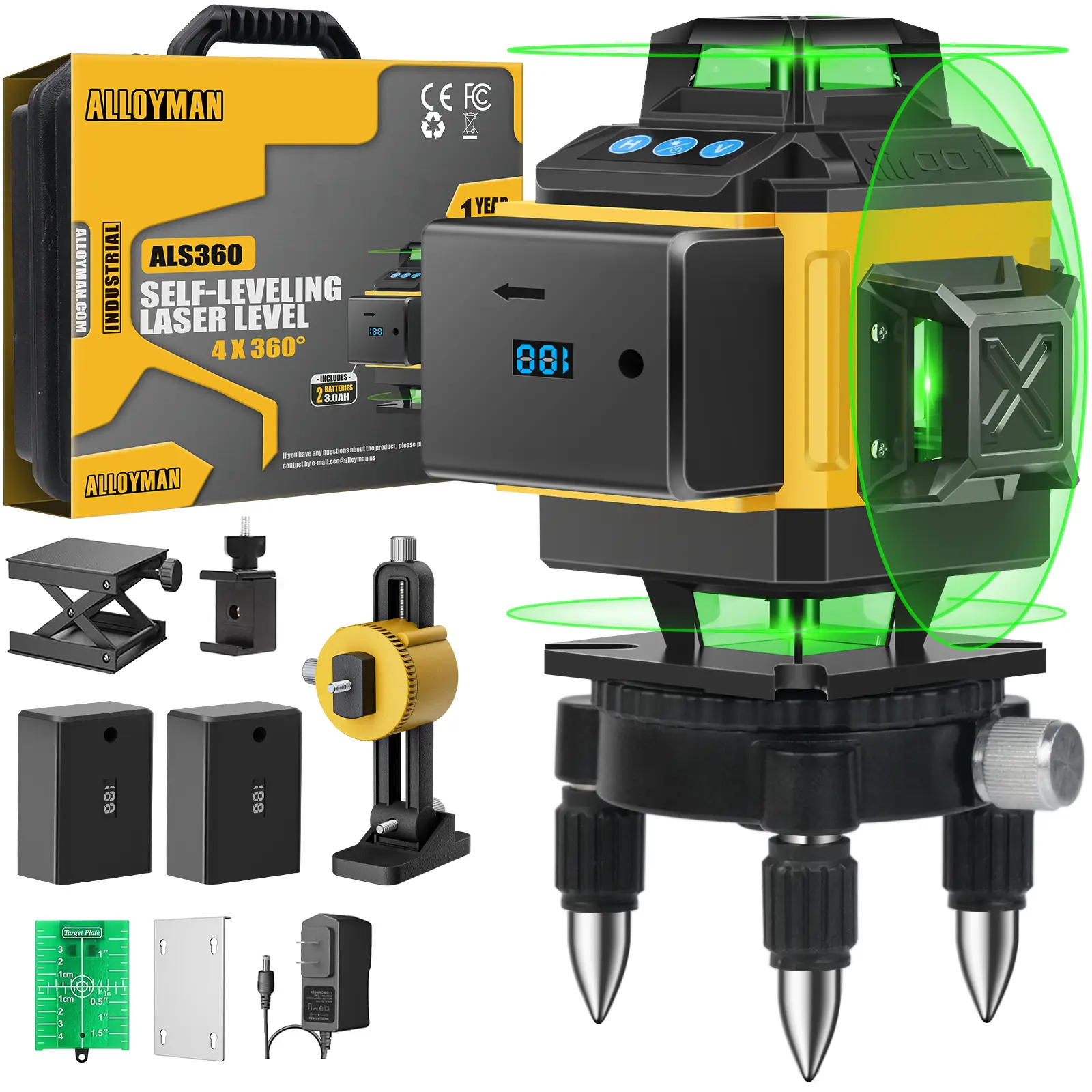 Alloyman 16 Lines Laser Level, Self Leveling 4x360° Green Laser Level with 2Pcs Rechargeable Lithium Batteries/Wall Mount/Remote Control for Indoor and Outdoor Building Renovation Work