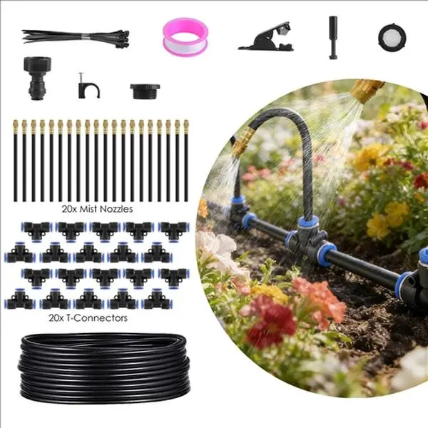 360° Bends Adjustable Watering System - 49FT PE Plastic Flexible Tube Automatic Garden Drip Irrigation Kit, 20 Spray Nozzles, 20 T-Connectors, Garden Water Hose for Home Flower Bed Use