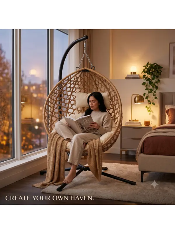 Modern Foldable Hanging Swing Chair with Stand, HDPE Rattan Wicker Cushion, Heavy Duty 350lb Capacity Furniture, Easy Setup for Outdoor Patio, Indoor Bedroom, Room Decor