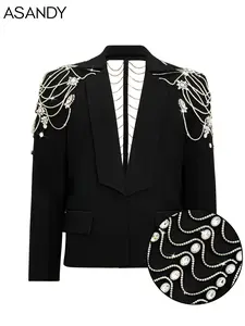 Black Blazer Luxury Crystal-Embellished - Party Jacket with Pearl Cross Necklace | Elegant Formal Occasion Coat, Sparkly Evening Wear