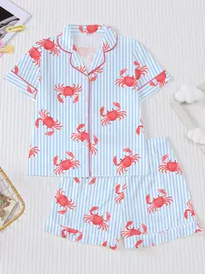 Summer Kids Short Sleeve Striped Pajama Set, Cute Crab Pattern, Button Front, Fitted, H-Type, Casual Home Wear, 2-Piece Set for Girls