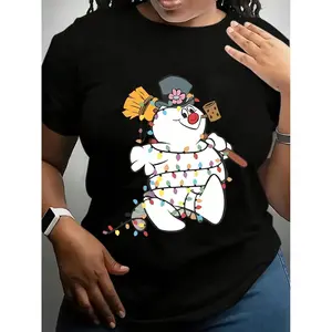 Women's Snowman Christmas Graphic T-Shirt - Short Sleeve, Round Neck, Casual Orange Tee With Festive Holiday Design, Soft Polyester Blend, Perfect For Spring And Summer