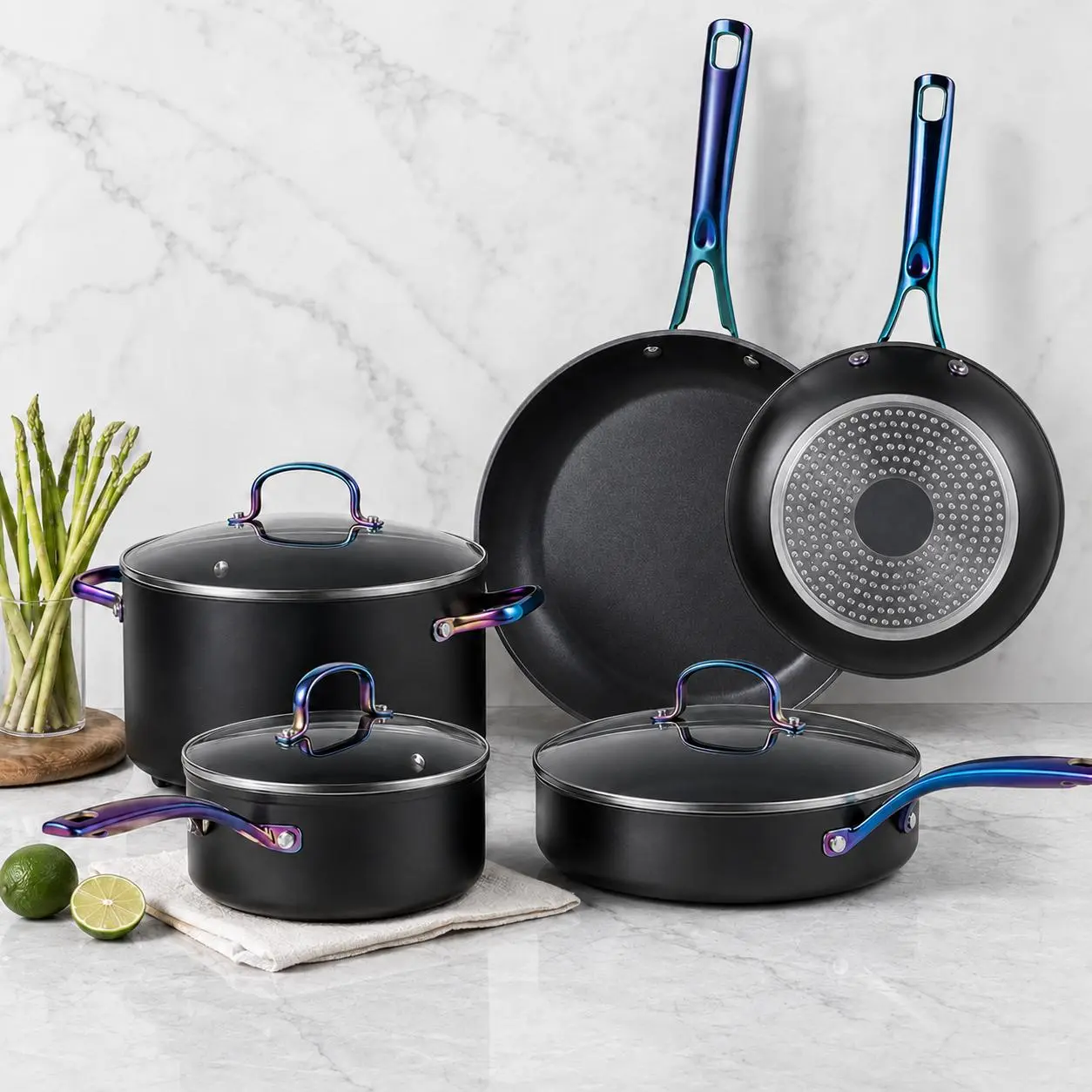 17-Pc Pots and Pans Set Nonstick, Ceramic Cookware Set with Colored Stay-Cool Handles, Non-toxic Kitchen Cooking Set PFOA/PFOS-Free, Complete Nonstick Cookware Set, Induction Ready All Stovetops, Oven & Dishwasher Safe Kitchenware