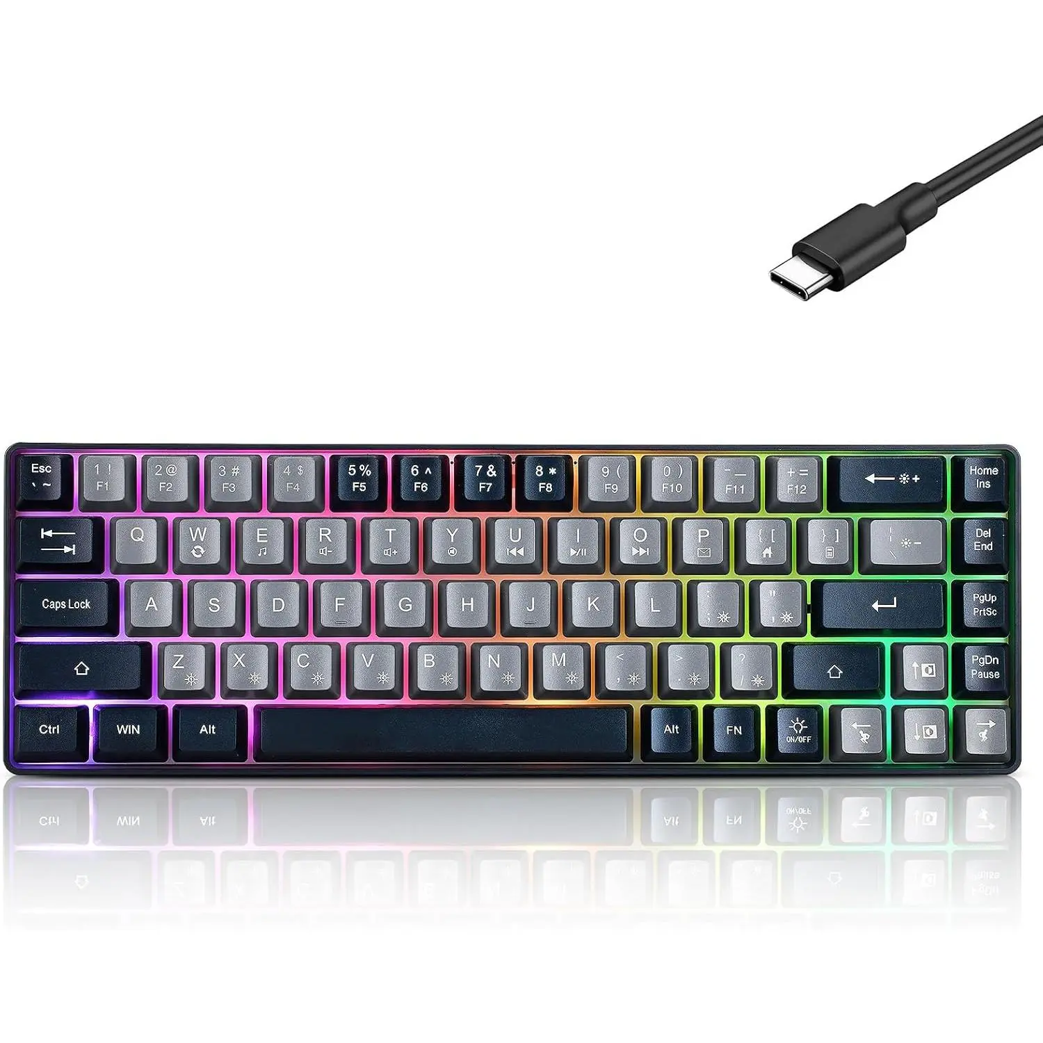 Mechanical-Feeling Gaming Keyboard, 60% Compact 68-Key Portable Design with RGB Backlight, Wired for PC and Mac Gamers, Grey and Black, Mechanical Backlit Keyboard, 60 Percent Keyboard