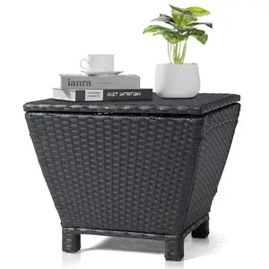 【Father's Day Gift】  Ktaxon Wicker Side Table with Storage, 13 Galllon Ratten Storage Side Box Container, Wicker Storage Coffee Table for Outdoor Indoor, Black
