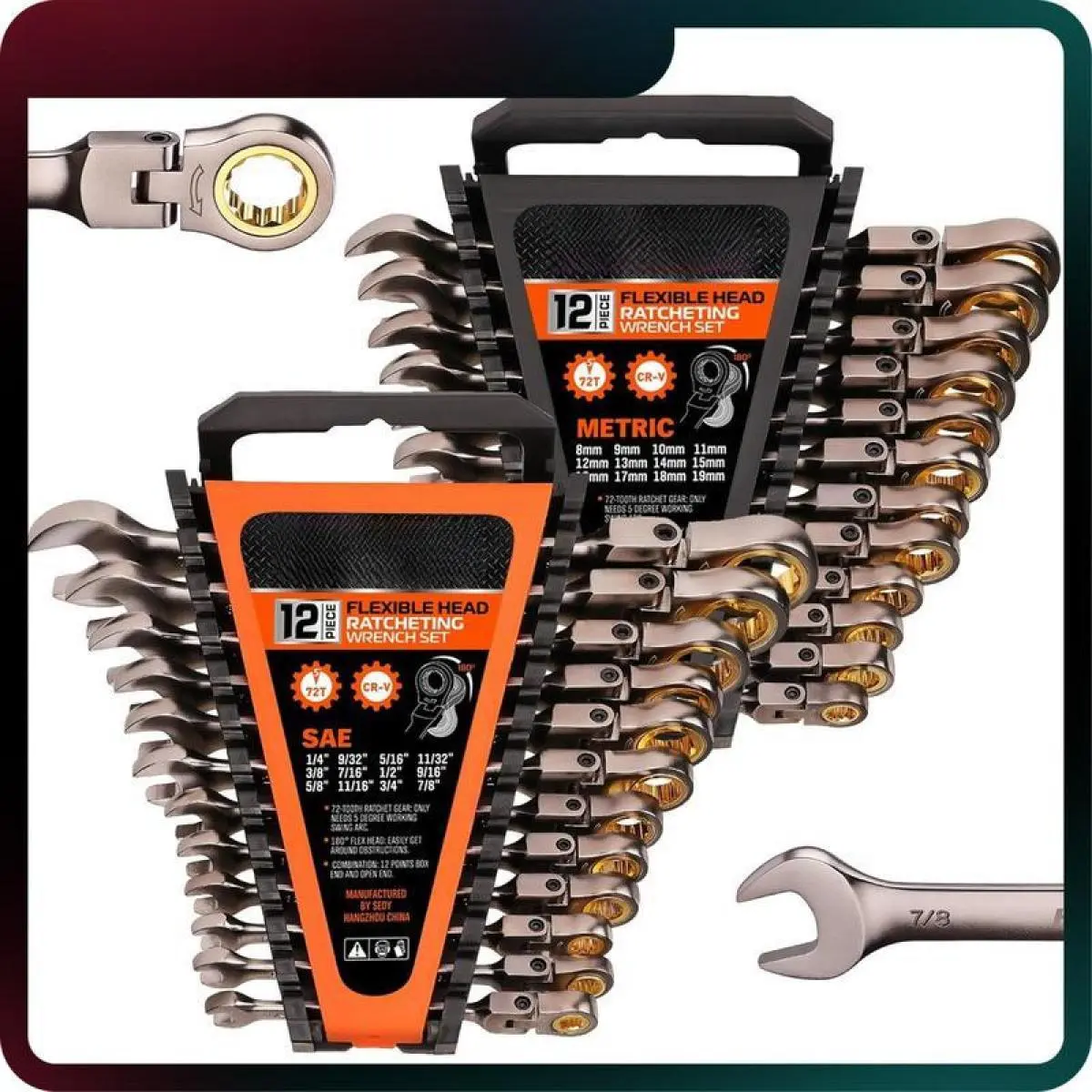 24-Piece Flex-Head Ratcheting Wrench Set for High Lever Performance, Chrome Vanadium Steel Mechanic Tool Kit with 72-Tooth Ratchet Gears, Metric & SAE with Organizer