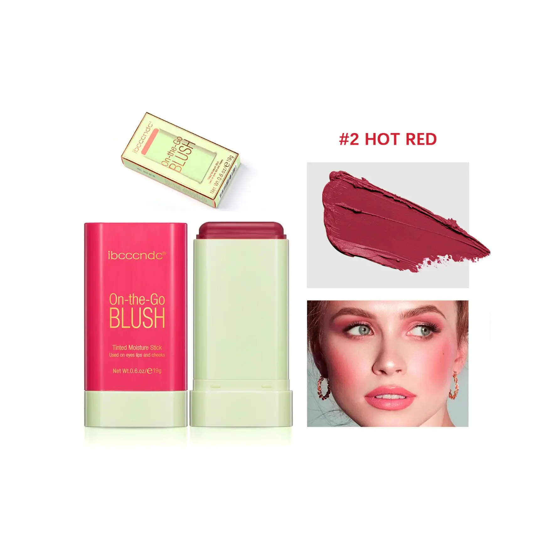 Multi-Use Makeup Blush Stick Solid Moisturizer Stick Shadow Lips Cheek Blusher Waterproof & Long-Lasting Creamy Makeup - Hot Red