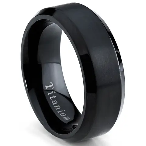 Men's Black Titanium Metal Ring - 8mm Brushed Finished, High Polish Stylish Comfort Fit Wedding Band, Hypoallergenic Gentle-on-Skin Flat Metal Rings, Sizes 7-15