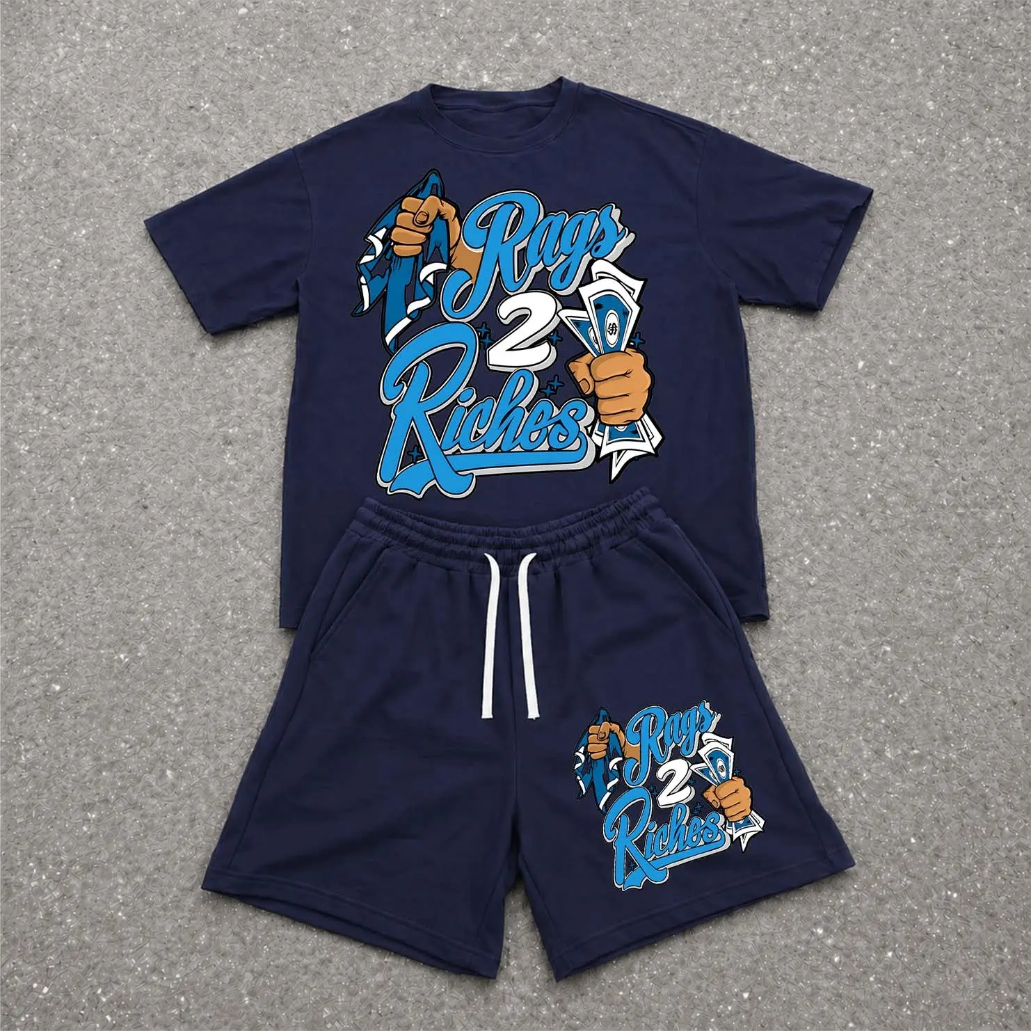 Men’s Summer 2 Piece Set, Steel Money Hiphop Street Style Letter Print Short Sleeve T Shirt and Drawstring Shorts Matching Outfit, Lightweight Breathable Casual Set for Travel, Streetwear, Beach, Vacation, and Daily Wear