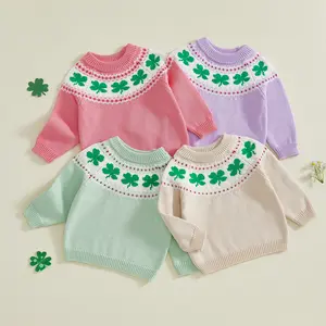 Babamoon St. Patrick's Day Toddler Baby Girl Boys Irish Knit Sweater Shamrock Embroidery Crew Neck Long Sleeve Tops Pullover Jumper