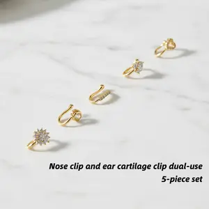 5-Piece No Piercing Gold Plated CZ Nose Clip & Ear Cartilage Clip Dual-Use Set, Dainty Trendy No Piercing Cartilage Ear Cuff Nose Cuff Jewelry for Women Party Daily Accessories