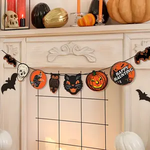 1Pcs Halloween Banner Horror Decorations, Vintage Halloween Pumpkin Wreath Flag, Victorian Style Cat Witch Ghost Party Supplies for Home Office
