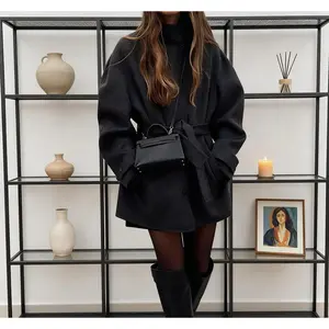 Women's Slim Fit Stand Collar Trench Coat with Belted Open Front Long Overcoat for Autumn Winter Loungewear Nightwear Solid Color Elegant Design