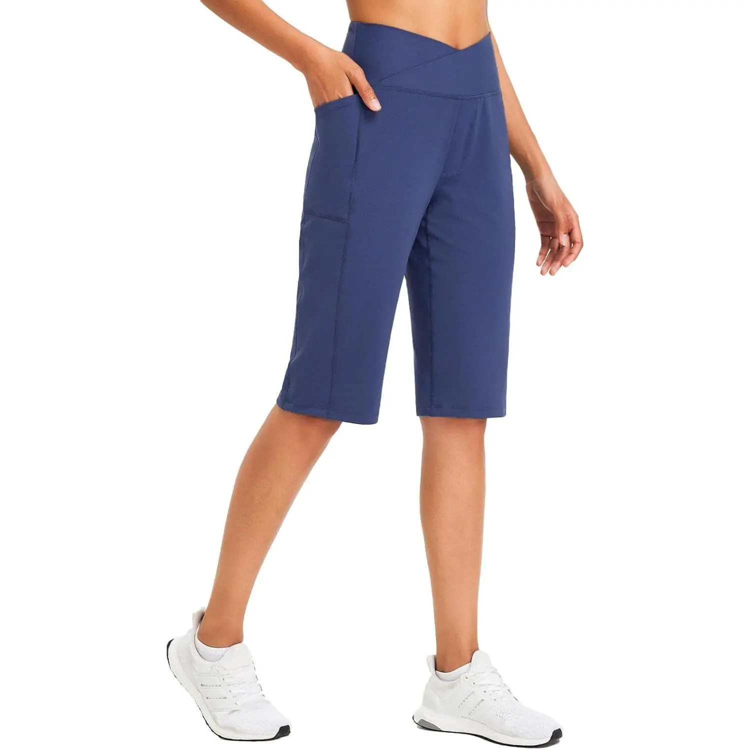 baleaf Women's Athleisure Bermuda Shorts, 14" Knee Length High V-Waist Loose Stretch Pants with Pockets for Yoga & Casual Lounge, Athleisure Shorts, Fit Shorts