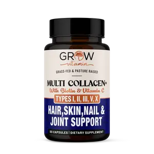 Grow Vitamin Multi Collagen+ with Biotin & Vitamin C - Types I II III V X - Hair Skin Nail Joint Support - 90 Capsules - GMP Certified - Premium Collagen Protein Complex - Supplement