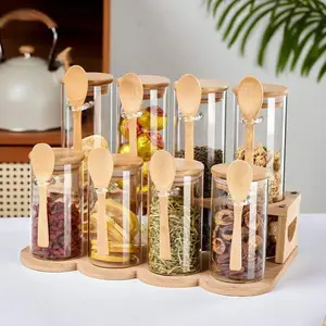 1/2/4/9pack-280ML/600ML Glass Canisters with Bamboo Lids Airtight Food Storage Spice Jars Kitchen Storage Containers 9pack set with storage shelf Food Storage Organizer Preserving Containers