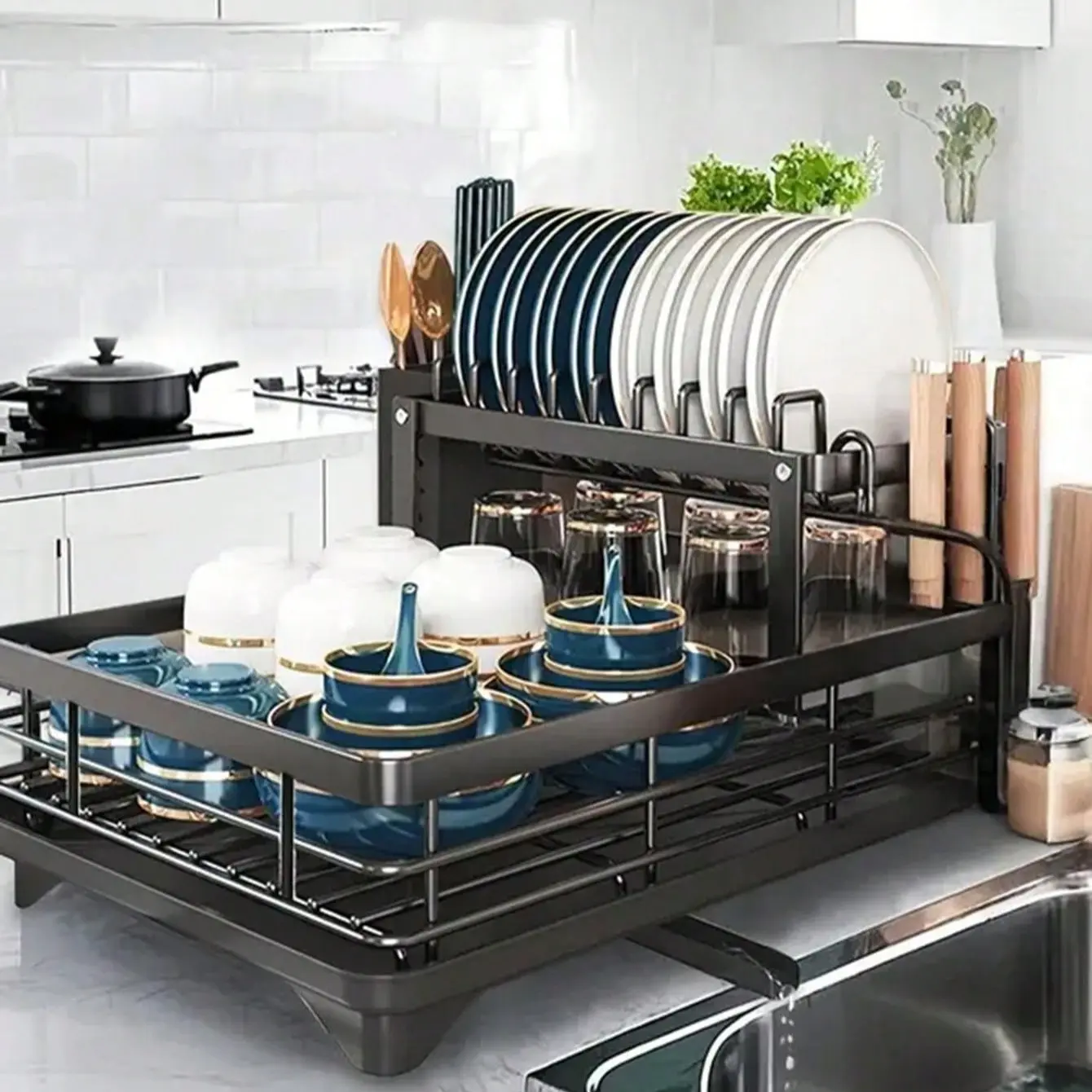 2-Layer Iron Dish Rack Organiser, Large-Capacity Storage with Draining Board, Foldable Design, Saves Space, Efficient Plate Storage