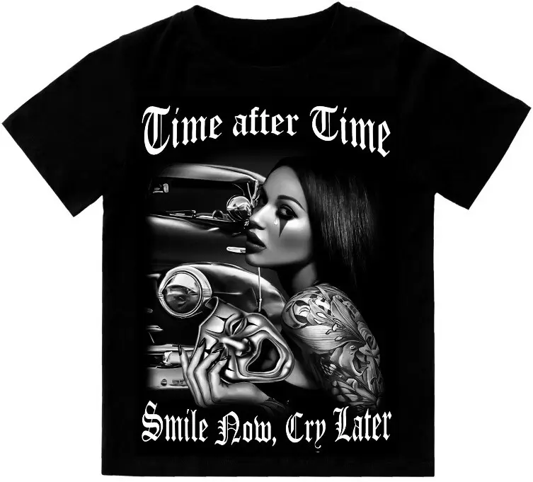 Men's Cotton Sports T-Shirt - Short-Sleeve, Round Neck Menswear, Chicano Time After Time Smile Now Cry Later Mask Graphic, Casual Streetwear Outdoor Top, Shortsleeve, Tshirt