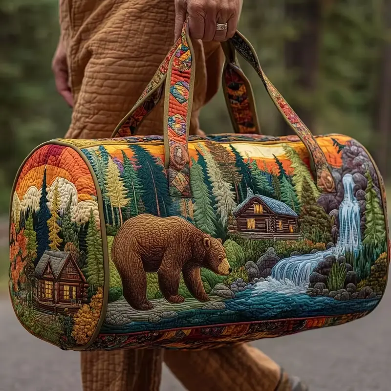 Women Quilted Duffle Bag, Brown Bear Mountain Cabin Waterfall Forest Patchwork Print Shoulder Handbag, Large Capacity Weekend Camping Travel Bag, Rustic Wilderness Landscape Duffle Purse for Short Trip & Shopping