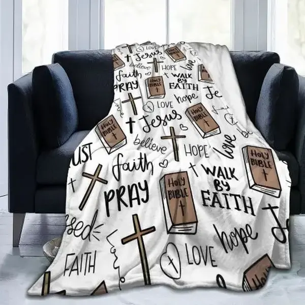 Christian Faith Cross Holy Bible Jesus Hand Letter Print White Flannel Throw Blanket Soft Warm Religious Decor Blanket, Couch Bedroom Nap Blanket, Catholic Believer Faith Gift Plush Home Blanket For All Seasons