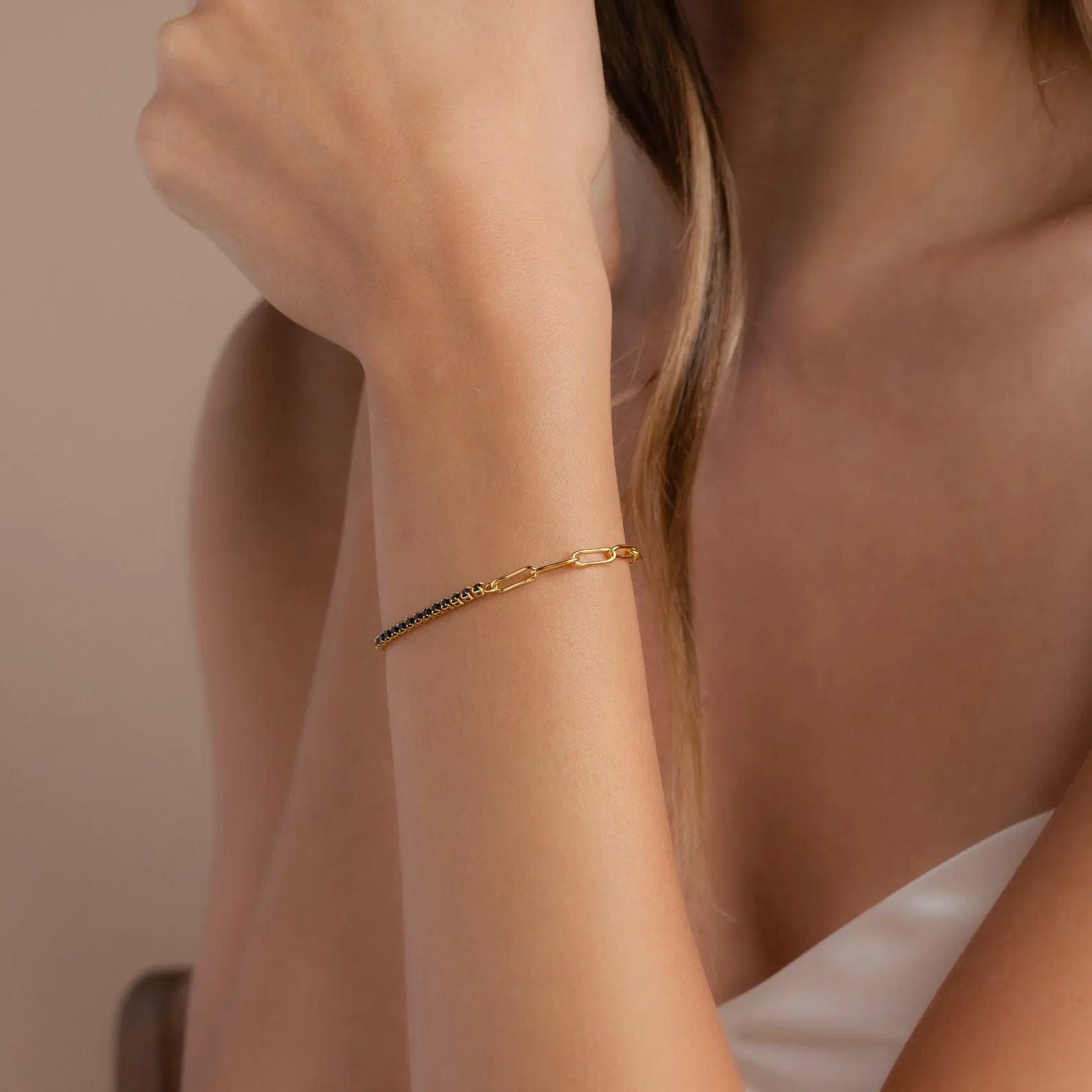 Black Diamond Tennis Bracelet by Caitlyn Minimalist - Black Onyx Paperclip Chain Bracelet in Gold & Silver - Statement Jewelry - Gift for Her