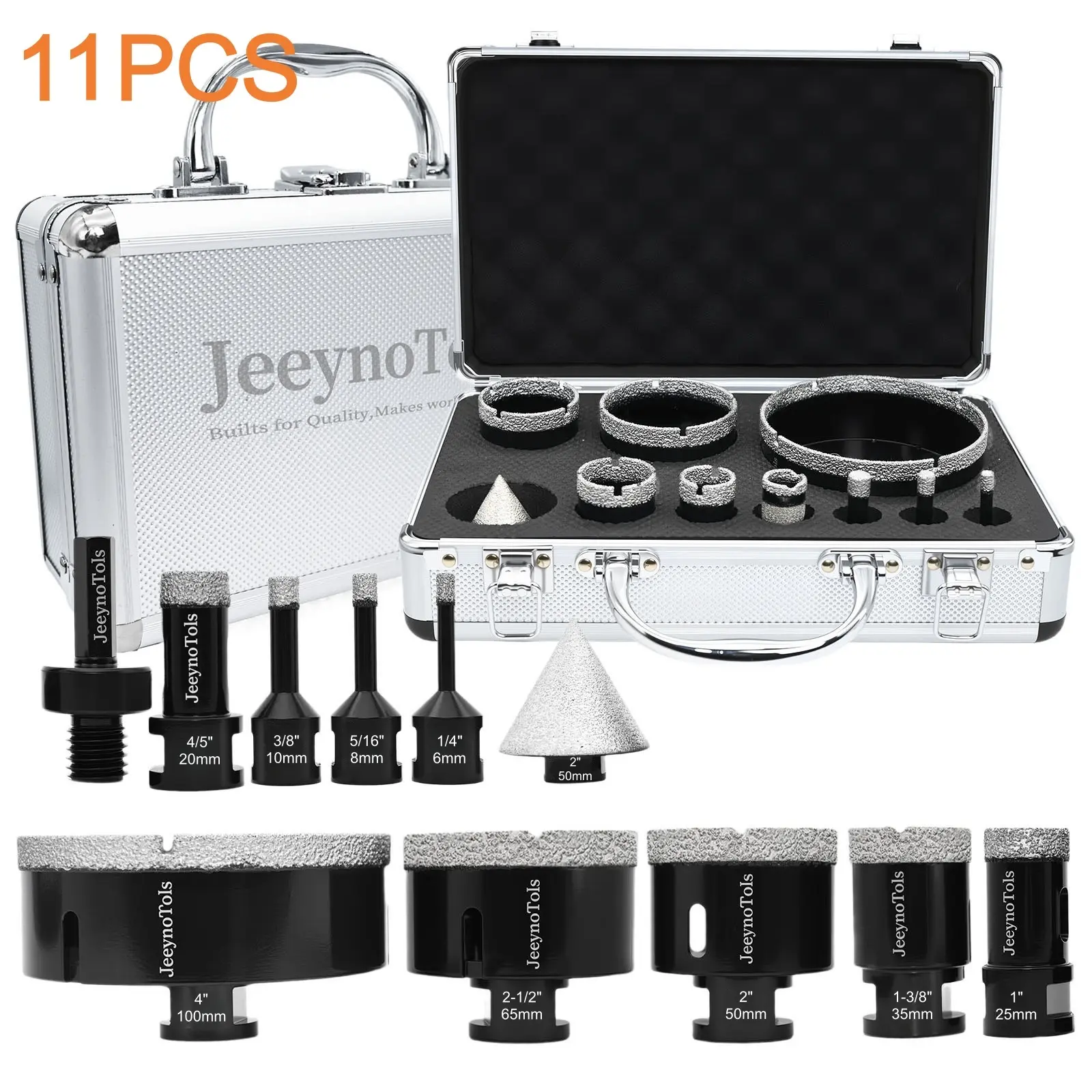 Diamond Core Drill Bit Set with 2"(50mm) Beveling Bit, 1Pc SDS Adapter & 5/8-11 Thread - Dry/Wet Use Diamond Cutter Sets for Ceramic Tile, Marble, Porcelain, Granite - Multiple Diameters Power Tool Accessory for Home Tool Box, Diamond Cutter Drill Bit Set
