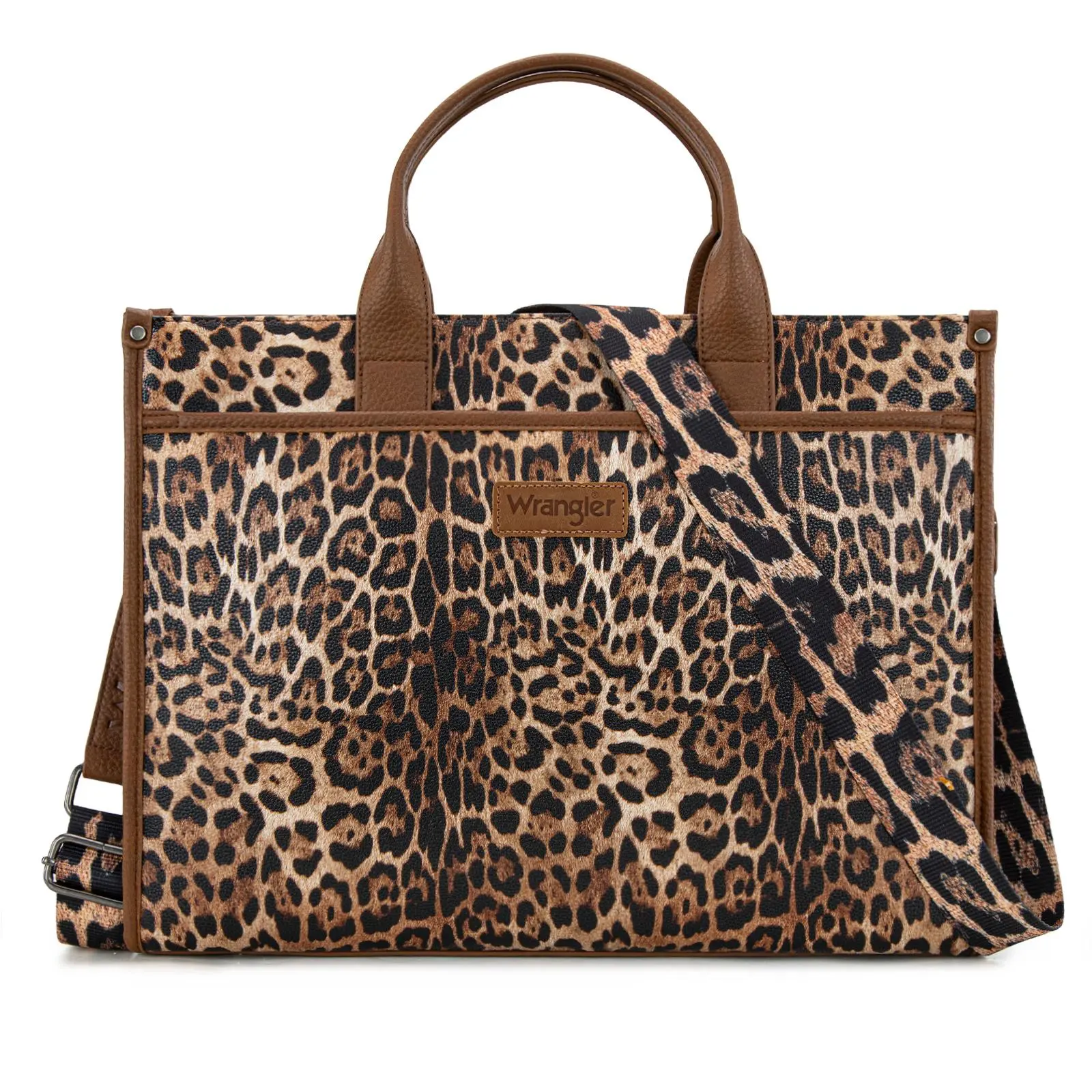 Wrangler Heavy-Duty Carry-All Large Capacity Tote Work Laptop Bag with Leopard Print & Detachable Strap for Women's Commute & Everyday Use - Commuter Purse