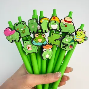 5/15/25pcs Creative Simple and Cute Green Frog Shaped Theme Stretchable Ballpoint Pen Ballpen Set Campus Design Back to School Season Back to School Season Little Frog Series Pressing Neutral Pen Color Random