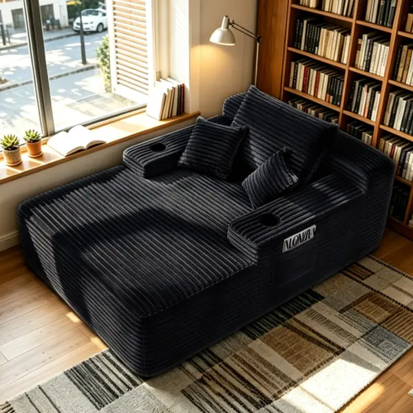 65" Indoor Boneless Cloud Couch Loveseat - Deep Seat Chaise Lounge Chair with Wide Armrests, Cup Holder, 3 Pillows, Comfy Sleeper, Sofas Living Room Apartment Decor Furniture, Black