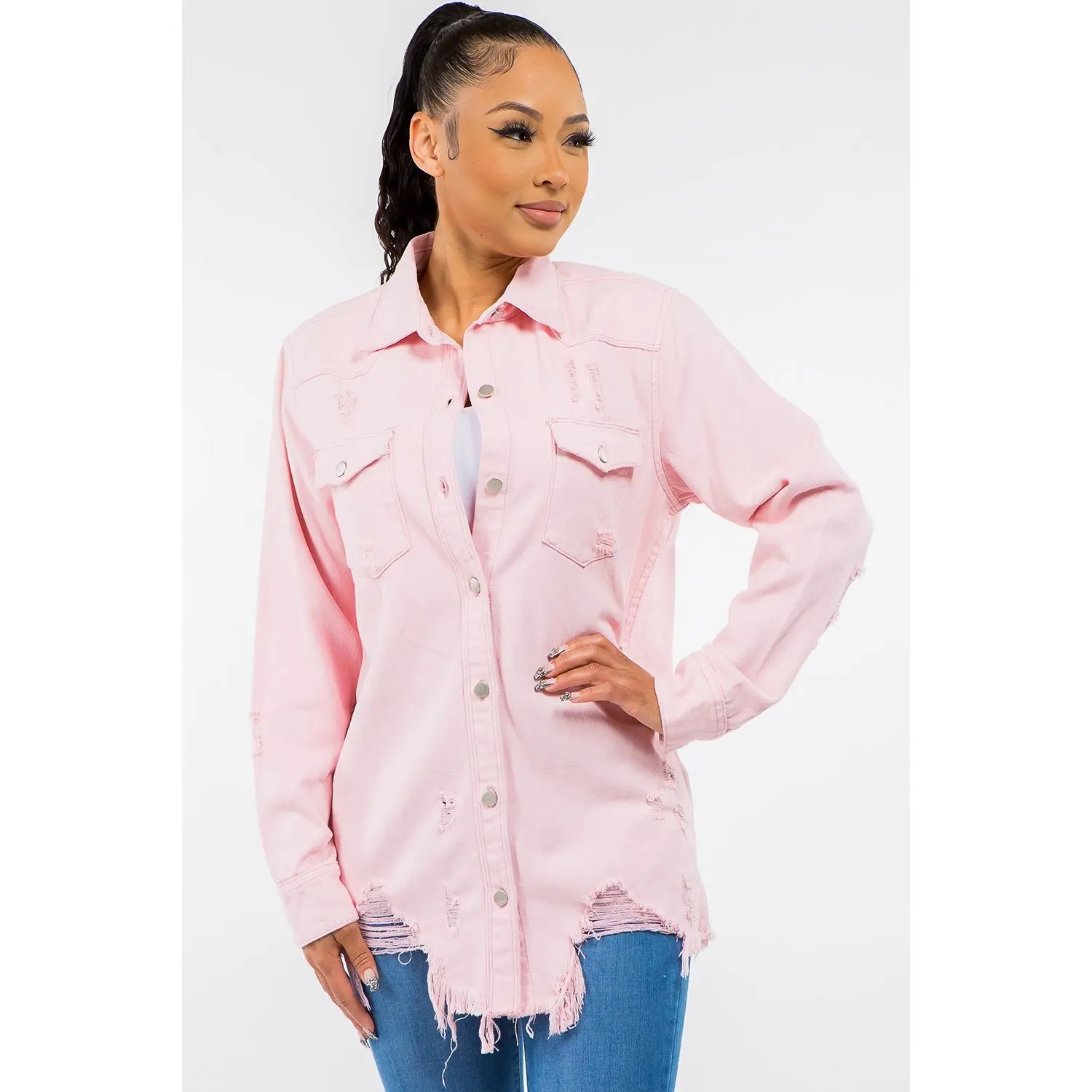 American Bazi Frayed Hem Distressed Denim Jacket