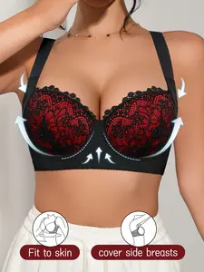Women's Push-Up Bra,Underwire Medium Support Side-gathering Anti-sagging, Adjustable Wide Straps，Colorful Lace Design，Soft Comfortable Elegant Breathable , Everyday Wear, Underwire Bras