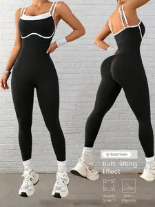 Women's Sleeveless Knitted Yoga Jumpsuit, Asymmetrical Neckline Colorblock Design, Casual Slim Fit Long Sleeve Top, High Stretch Sportswear, Sporty Comfy Jumpsuit