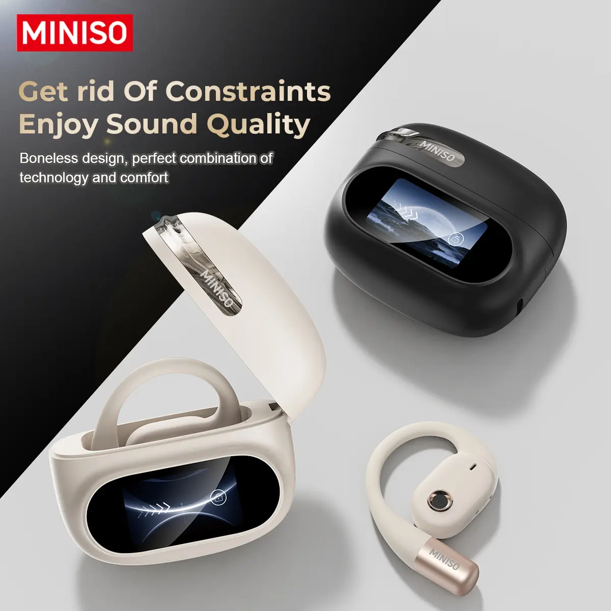 MINISO MS150 True Wireless Headphones - Hanging Ear Earbud Headset, Bluetooth 5.4, HiFi Sound, Sweatproof Water Resistant, Full Color Touch Screen, Noise Reduction, 300-Hour Standby, A2DP, HFP, AVRC, Commuting Use, Fast Charging