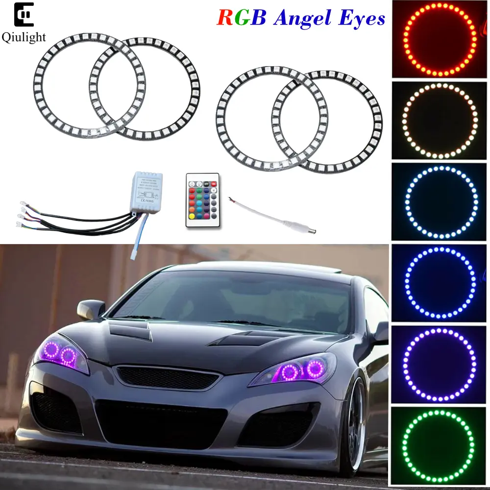 AkiHalo 4pcs RGB LED Halo Rings with IR Remote Controller, 5050 Size, 12W Power, Durable Design, 3 Levels Brightness for Car Headlight