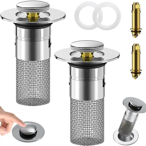 2Pcs Bathroom Sink Stopper Hair Catcher,Pop Up Sink Drain Filter with Removable Stainless Steel Filter Basket Hair Catcher, for US Drain, Bathroom Sink Stopper Replacement Installation 3-in-1 kitchen sink drain strainer Universal Dual Function kitchen sin