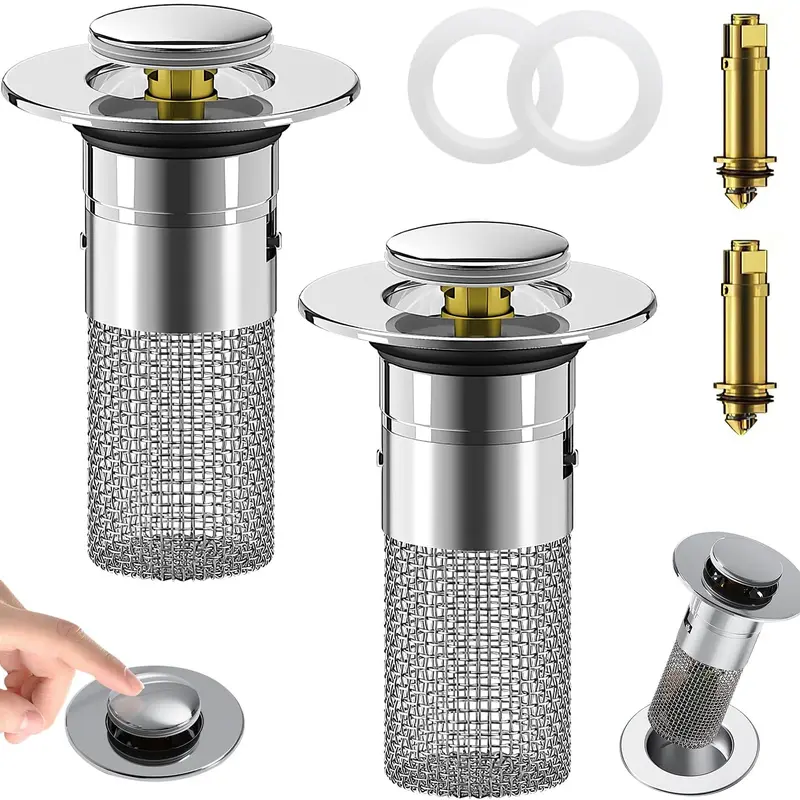 2Pcs Bathroom Sink Stopper Hair Catcher,Pop Up Sink Drain Filter with Removable Stainless Steel Filter Basket Hair Catcher, for US Drain, Bathroom Sink Stopper Replacement Installation 3-in-1 kitchen sink drain strainer Universal Dual Function kitchen sin