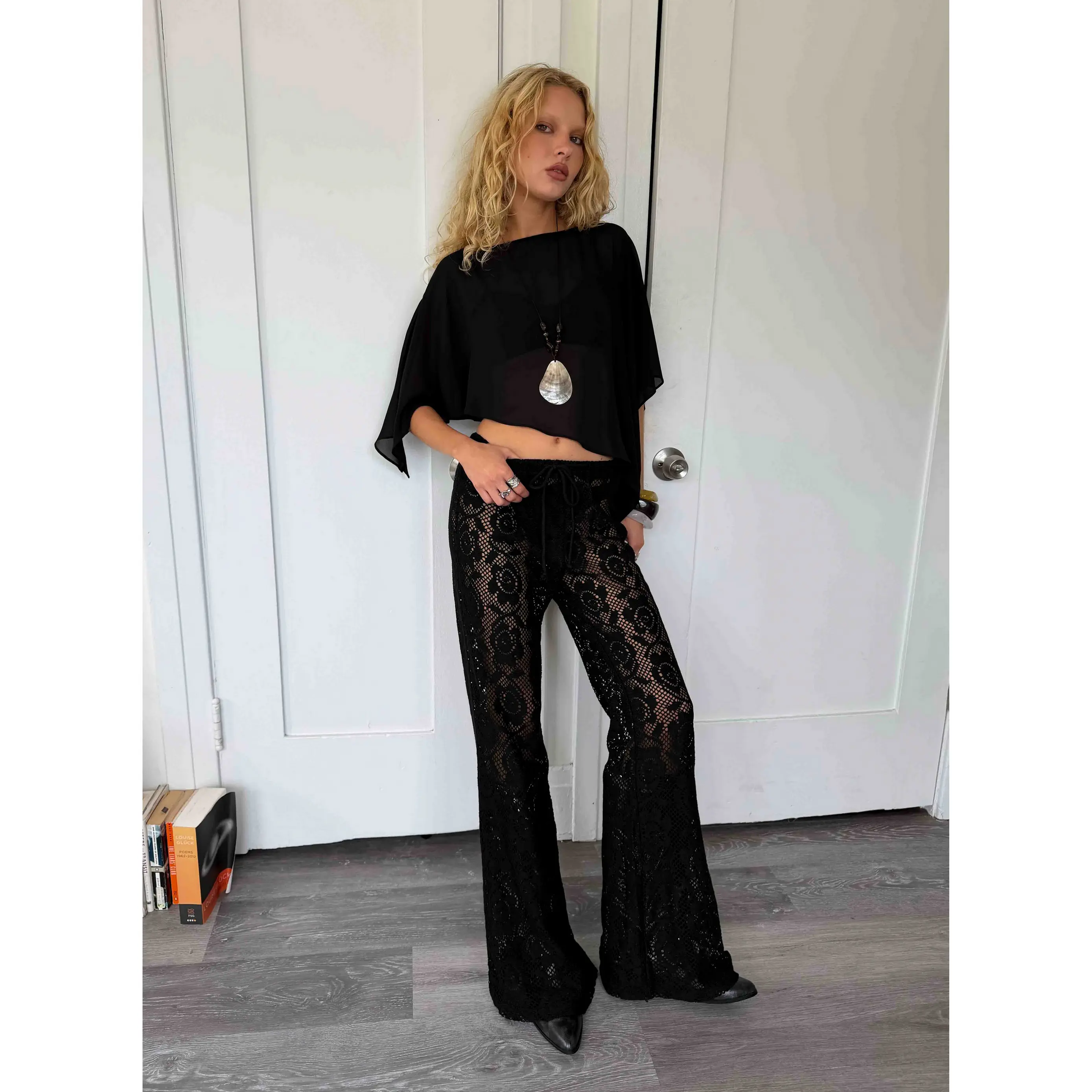 Rosadonna Lace Flare Pants Black
