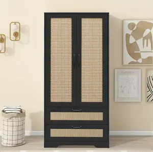High Modern Freestanding Storage Cabinet with Double Rattan Doors & 2 Drawers Built-in Clothes Hanging Rod Multifunctional Design for Bedrooms Living Rooms Kitchens Studies Wardrobe Closet Armoire Metal Closet Organizer Durable Anti-tipping Device
