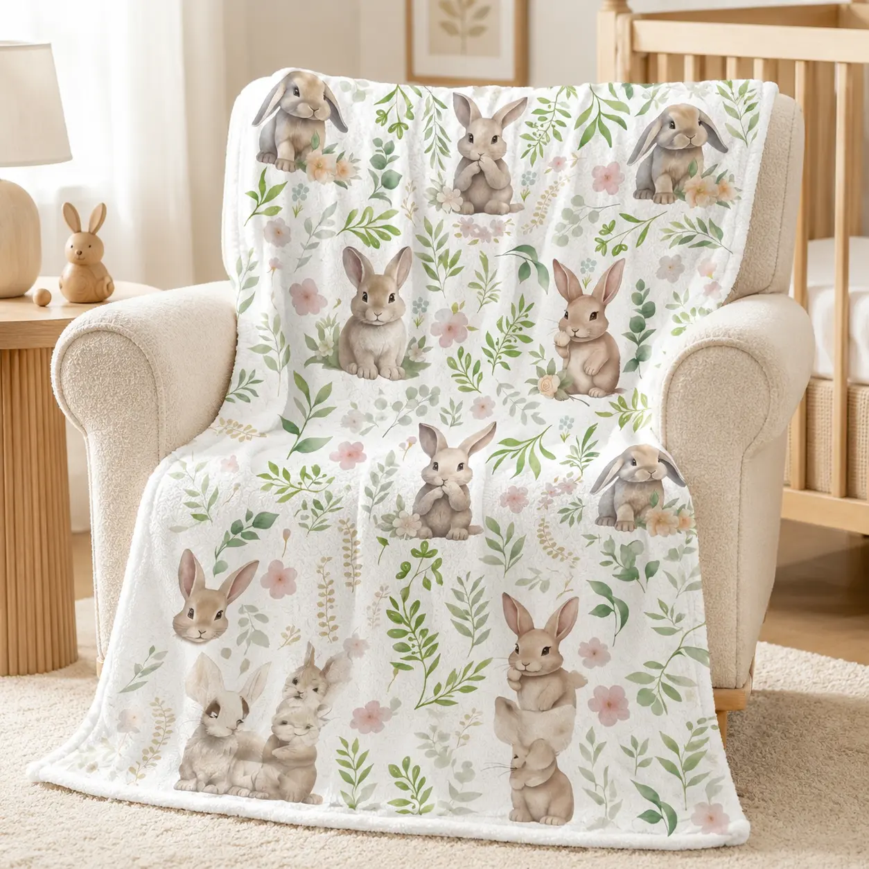 Cute Bunny Print Cottagecore Soft Flannel Blanket - Pastel Floral, Green Leaf, Plush Texture, Multi-Size, Cozy Warm Throw - Ideal Easter Gift for Girls, Nursery Home Decor