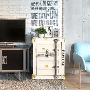 EP light Industrial Style Container Side Table, Bedroom Nightstand, Lockable Storage Box w/ Durable Cast Iron Design, White Table,Christmas gift for Living Room, Bedroom, Garage, Game Room