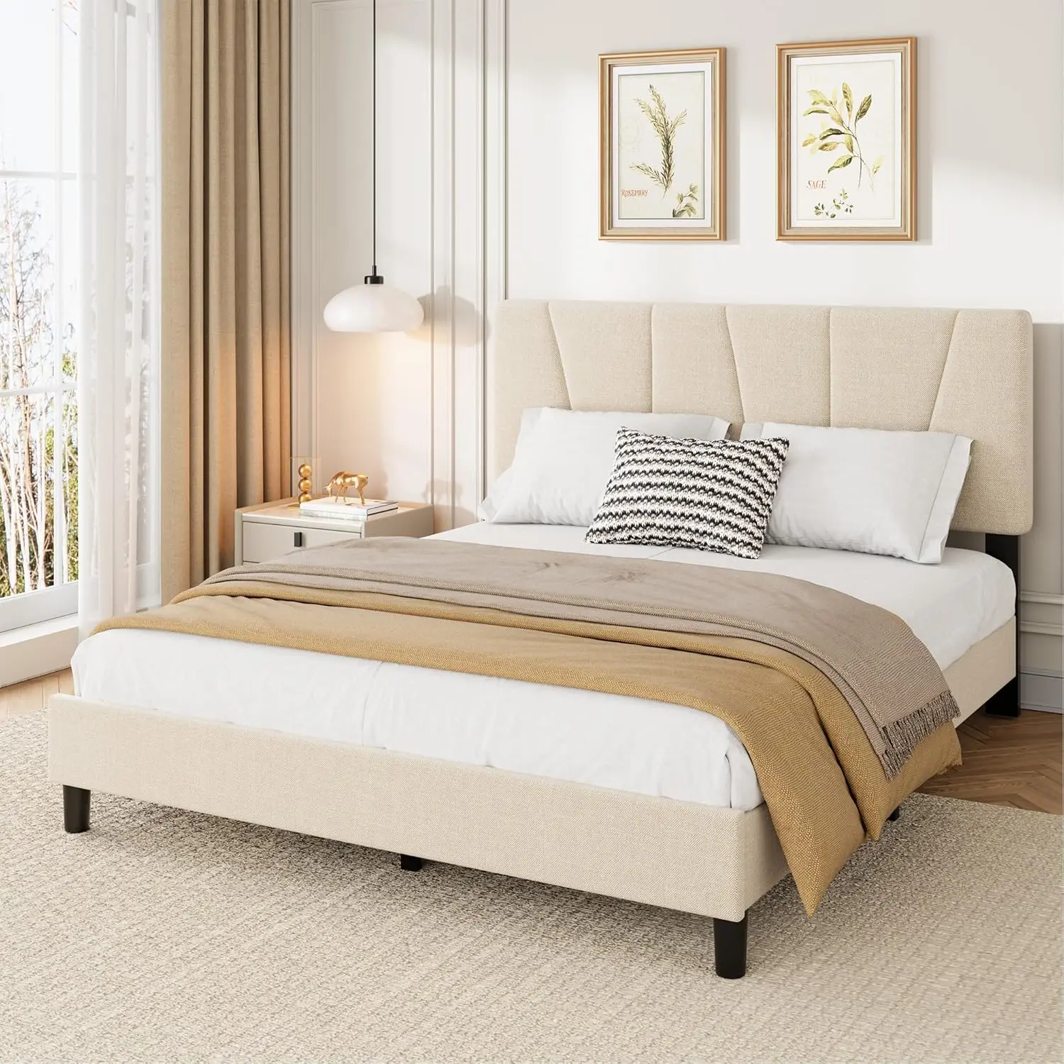 Platform Bed Frame with Adjustable Headboard – Sturdy Wooden Slats, Linen & Soft, No Box Spring Needed, Easy Assembly, Mattress Foundation – Bedroom Furniture, Beige Cream