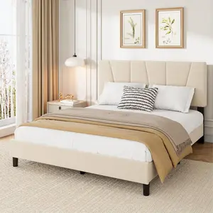 Platform Bed Frame with Adjustable Headboard – Sturdy Wooden Slats, Linen & Soft, No Box Spring Needed, Easy Assembly, Mattress Foundation – Bedroom Furniture, Beige Cream