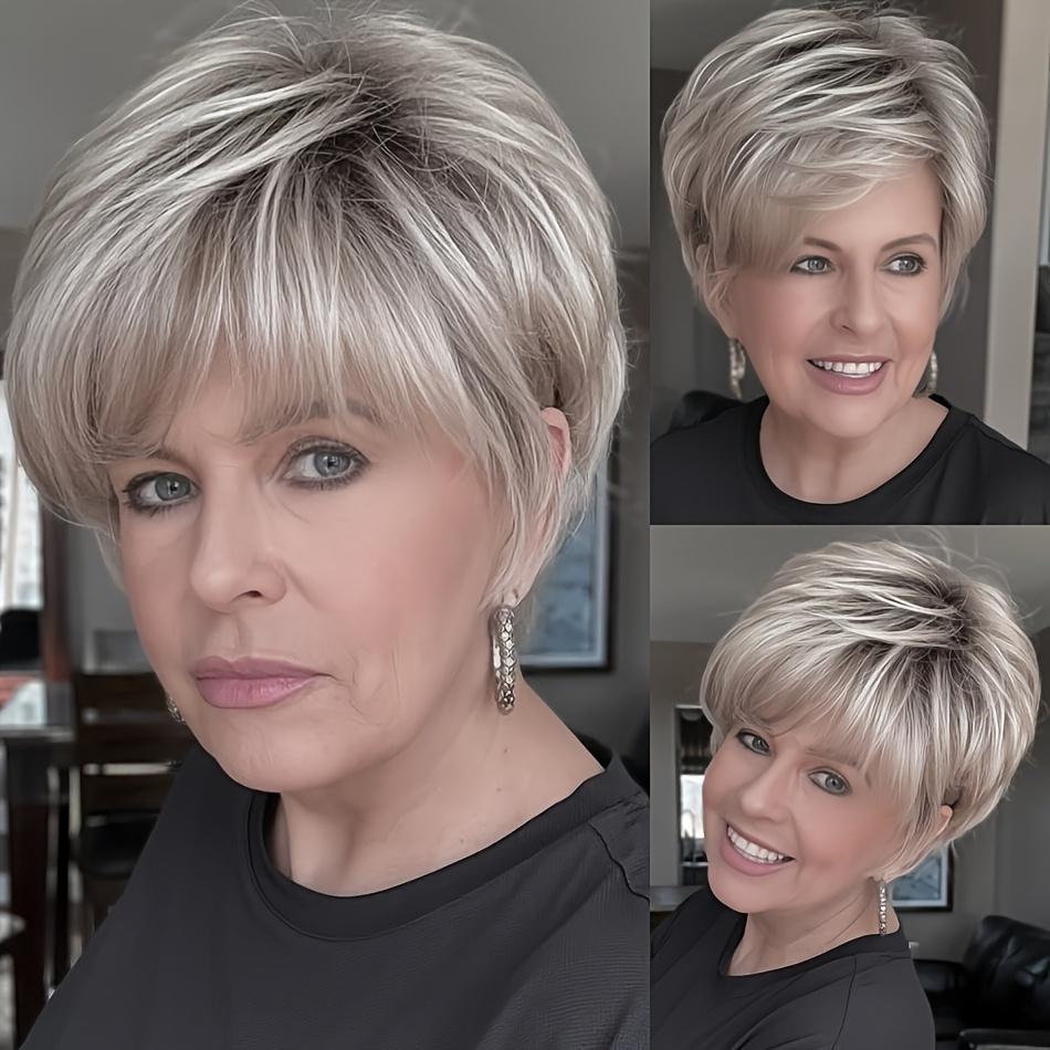 Women's Grey Glueless Pixie Cut Human Hair Wig, 180% Density Brazilian Hair, Short Straight Rose Net Cap, Natural Look Heat Stylable for Daily & Party Wear